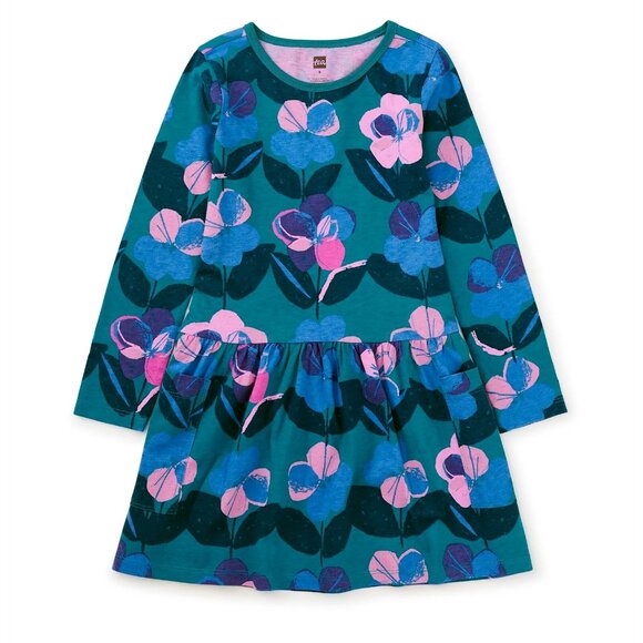 Tea Collection Long Sleeve Pocket Dress-Painterly Pansies NWT - Picture 1 of 2